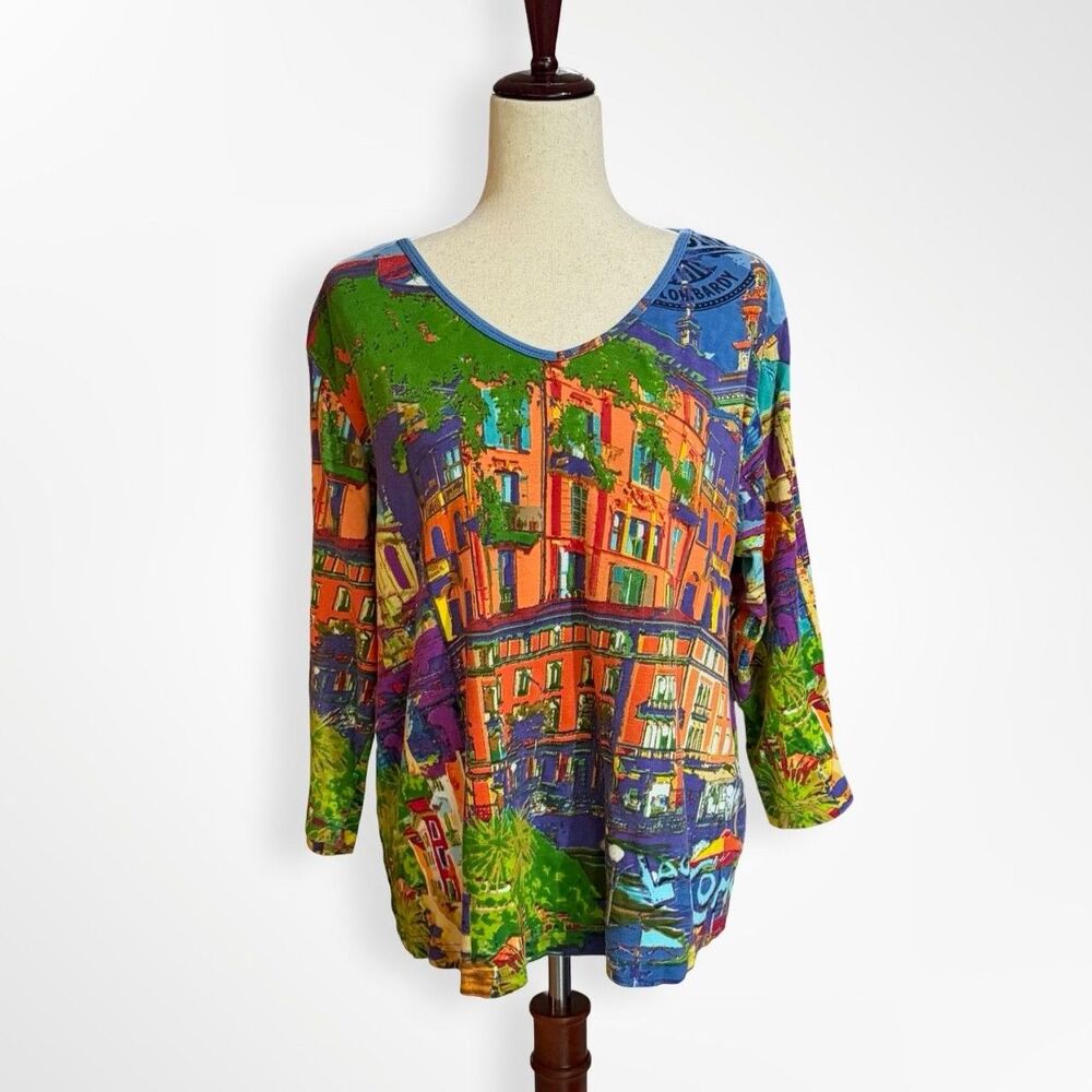 Vintage 2000s Italian Cityscape Art-to-Wear 100% Cotton Shirt, XL 90s Lago Como